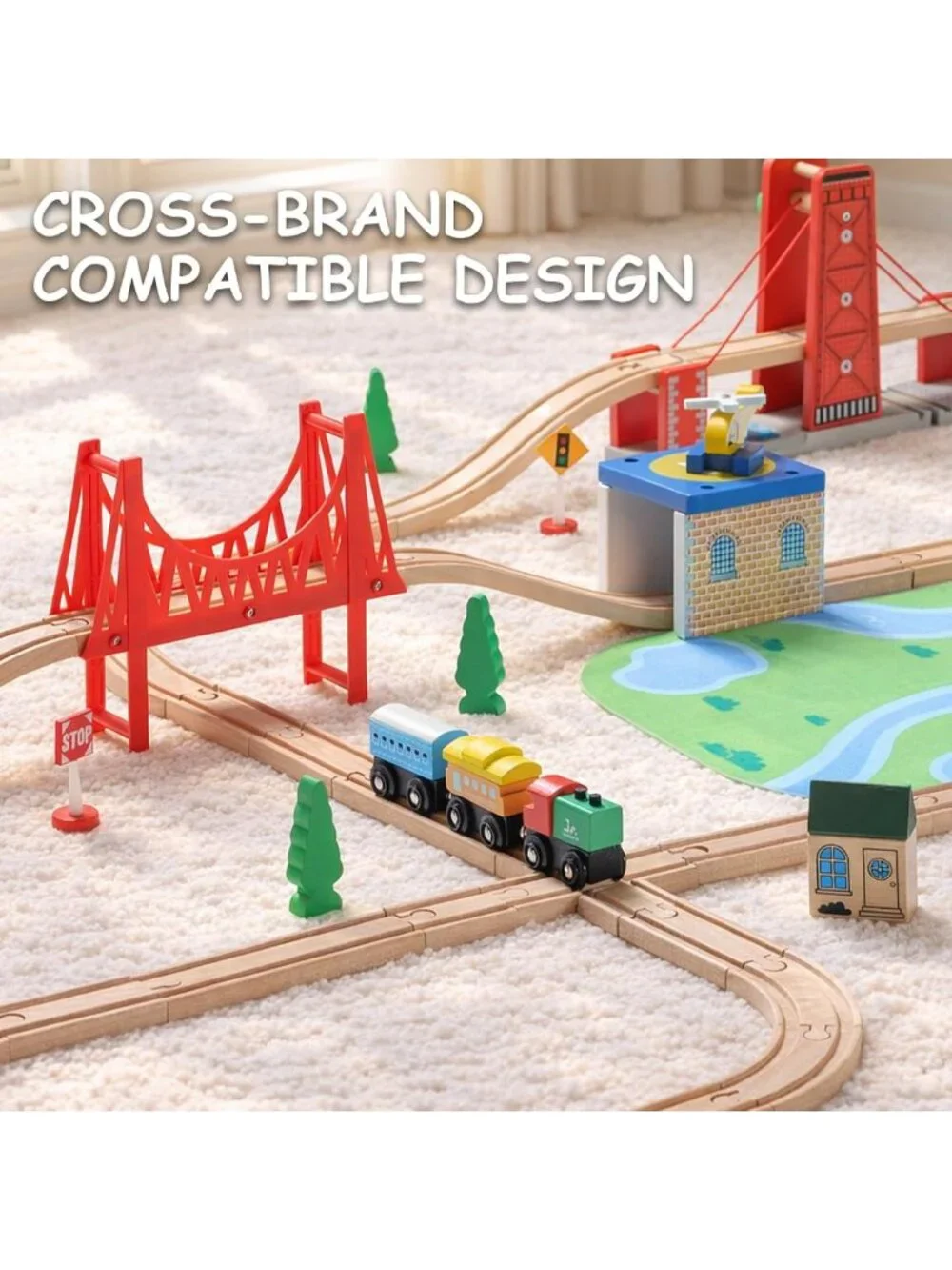 Wooden Train Track Set 62 PCS with Bridge & Trains - Compatible, Ideal Gift for